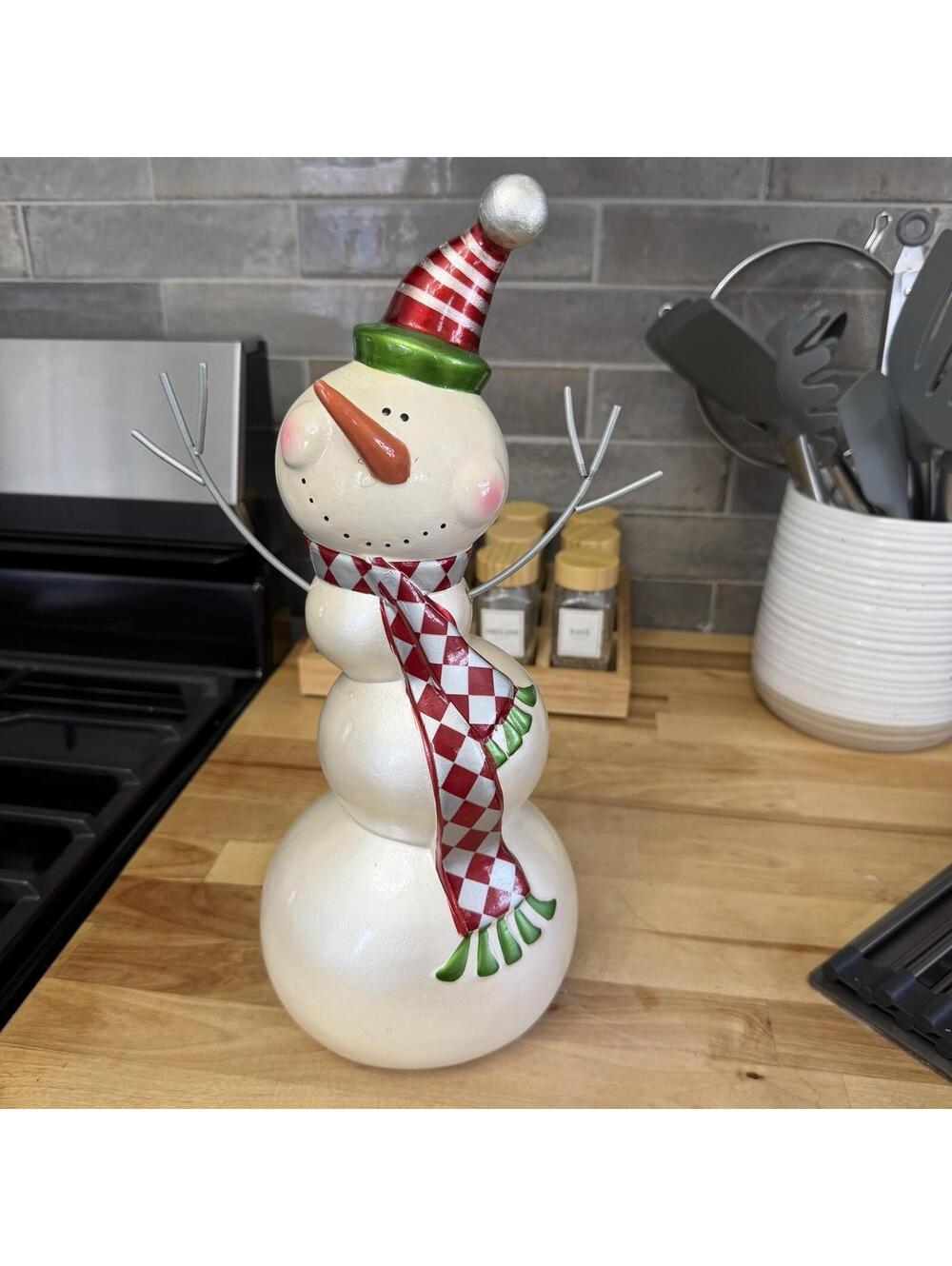 Pier 1 Snowman Figurine Red/Green Stripped Scarf Metal Arms 10.5” Rare!